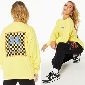 SOULCYCLE Derek Crew Sweatshirt in Yellow Smiley Checkered Spin Unisex Sz Medium